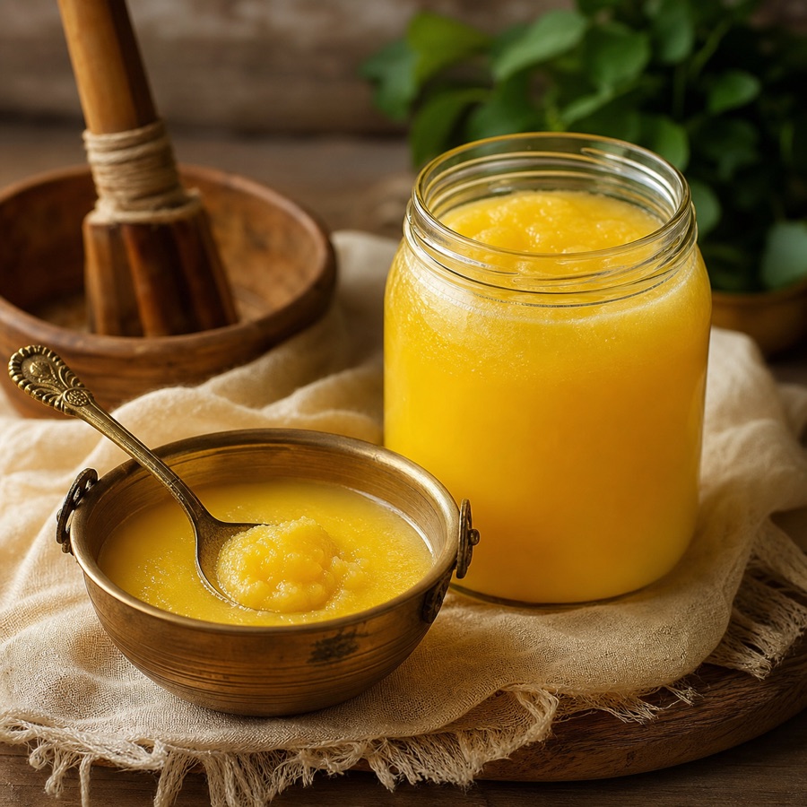 Pure desi ghee in a glass jar and brass bowl