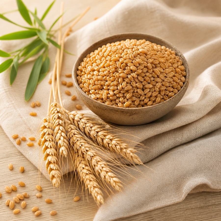 Organic wheat grains in a handmade bowl